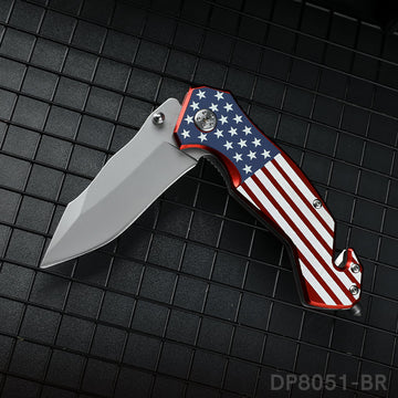 National Flag Patterned Folding Knife with Stonewashed Blade